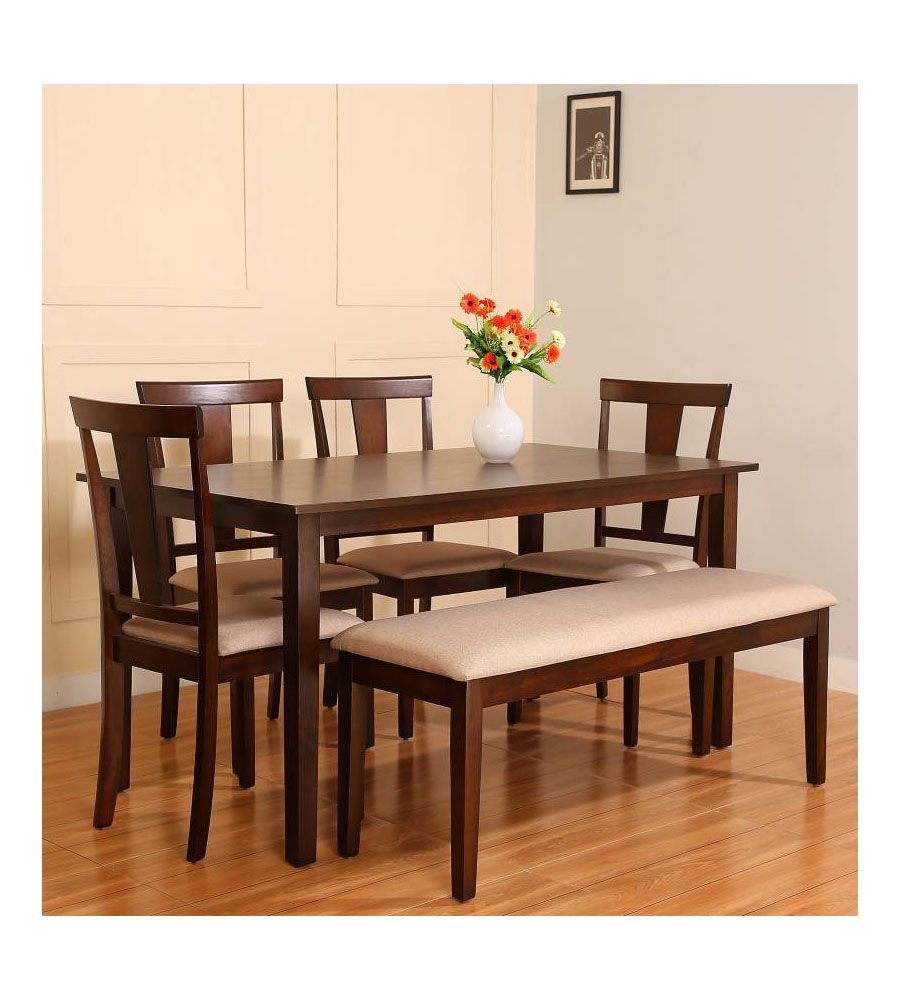 6 Seater Beige Rubber Wood Dining Table Set | BLUMAINDIA