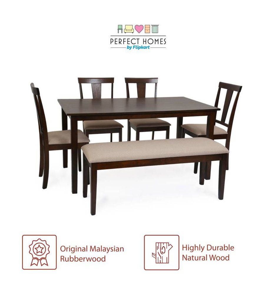 6 Seater Beige Rubber Wood Dining Table Set | BLUMAINDIA