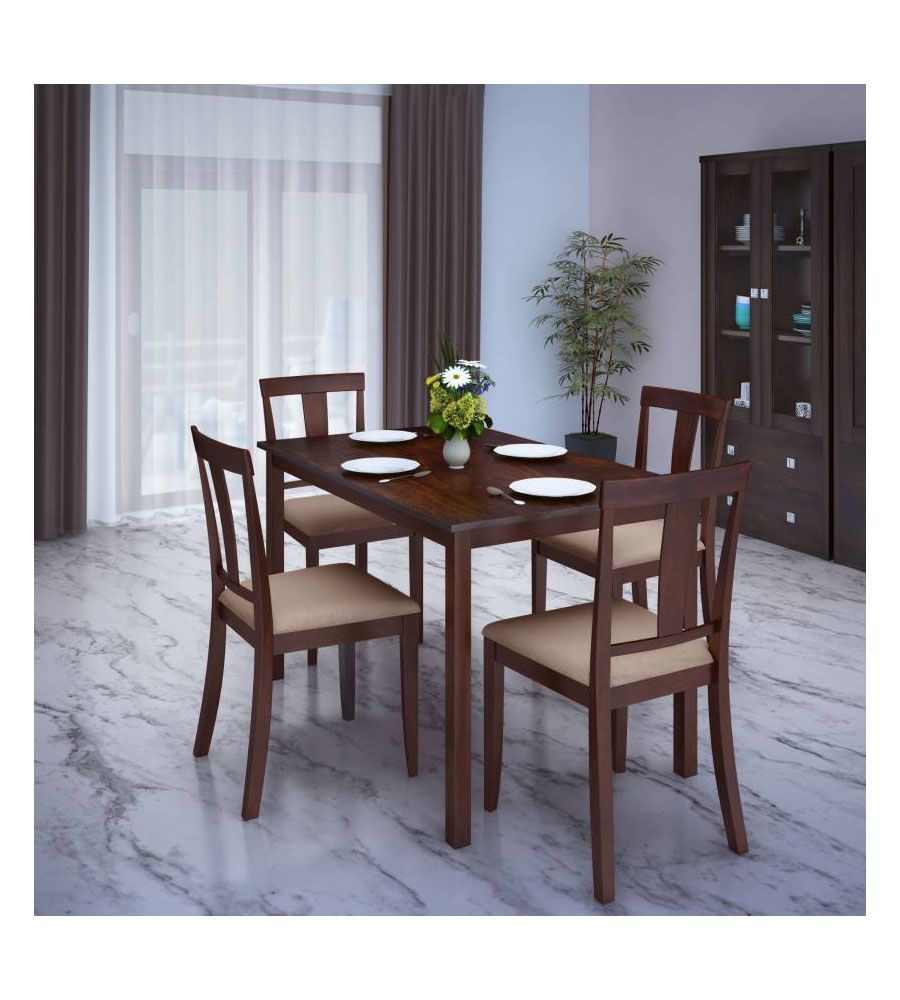 4 Seater Beige Rubber Wood Dining Table Set | BLUMAINDIA